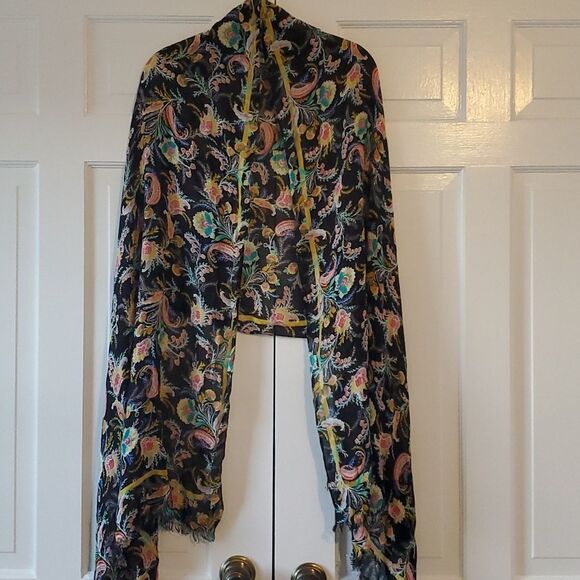 LOFT SCARF WRAP FLORAL PRINT BLACK PINK GOLD AQUA LIGHTWEIGHT - Picture 1 of 11